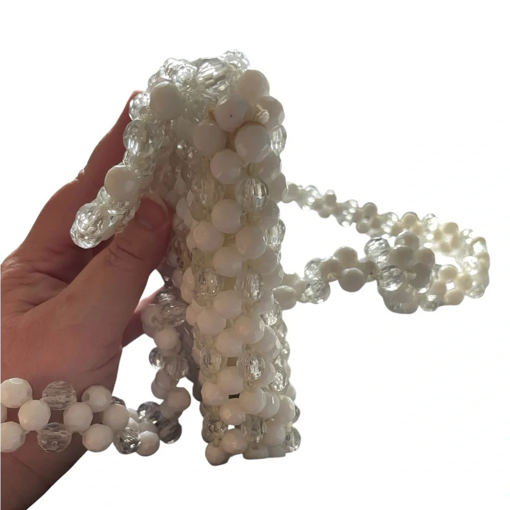 Vintage 1960s white/clear lucite beaded woven satchel handbag boho mod retro - Picture 7 of 10